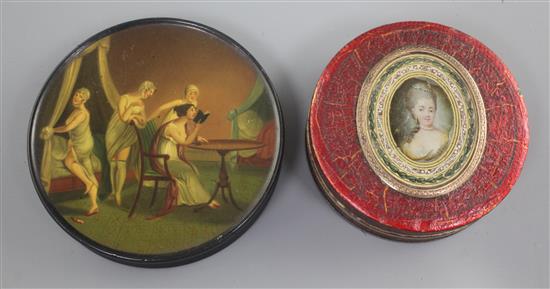 A 19th century Stobwasser style snuff box, 3.25in. & another